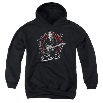 Black youth hoodie for ages 8 to 12 with Elvis Presley Stars graphic