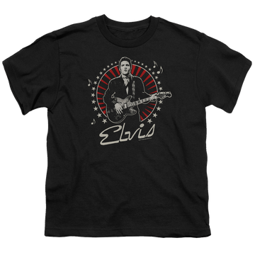 Black youth t-shirt for ages 8 to 12 with Elvis Presley Stars graphic