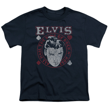 Navy youth t-shirt for ages 8 to 12 with Elvis Presley Hail The King graphic