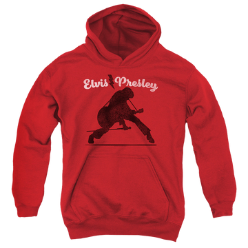 Red youth hoodie for ages 8 to 12 with Elvis Presley Overprint graphic