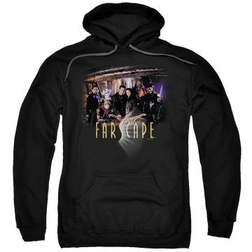 Black pullover hoodie with Farscape Cast graphic