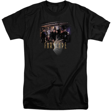 Black men's tall fit t-shirt with Farscape Cast graphic