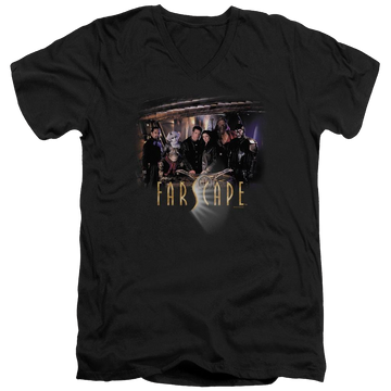 Black men's v-neck t-shirt with Farscape Cast graphic
