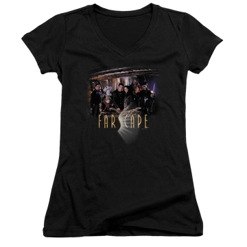 Black juniors v-neck t-shirt with Farscape Cast graphic