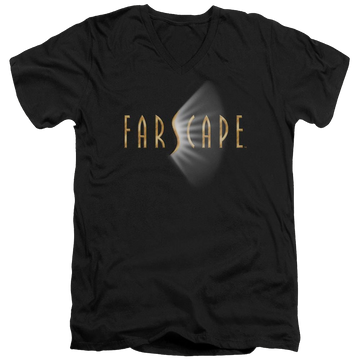 Black men's v-neck t-shirt with Farscape Logo graphic