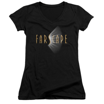 Black juniors v-neck t-shirt with Farscape Logo graphic