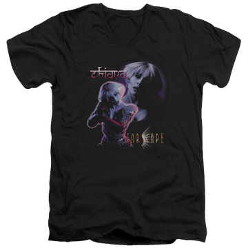 Black men's v-neck t-shirt with Farscape Chiana graphic