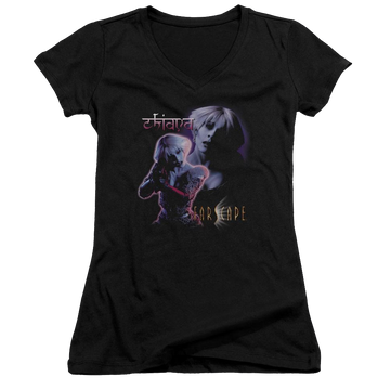 Black juniors v-neck t-shirt with Farscape Chiana graphic