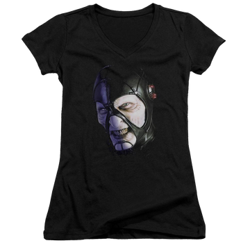 Black juniors v-neck t-shirt with Farscape Keep Smiling graphic