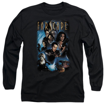 Black men's long sleeve t-shirt with Farscape Comic Cover graphic