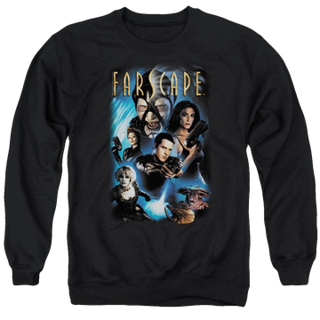 Black men's crewneck sweatshirt with Farscape Comic Cover graphic