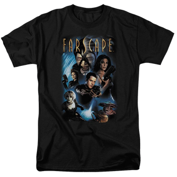 Black men's regular fit t-shirt with Farscape Comic Cover graphic