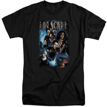 Black men's tall fit t-shirt with Farscape Comic Cover graphic