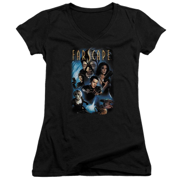 Black juniors v-neck t-shirt with Farscape Comic Cover graphic