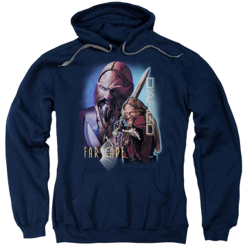 Navy pullover hoodie with Farscape D'argo graphic