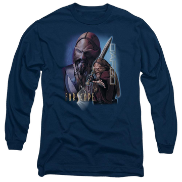 Navy men's long sleeve t-shirt with Farscape Dargo graphic