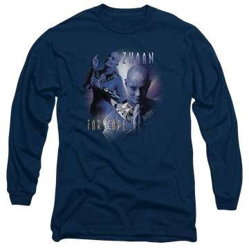 Navy men's long sleeve t-shirt with Farscape Zhaan graphic