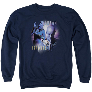 Navy men's crewneck sweatshirt with Farscape Zhaan graphic