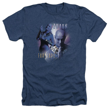 Navy men's heather t-shirt with Farscape Zhaan graphic