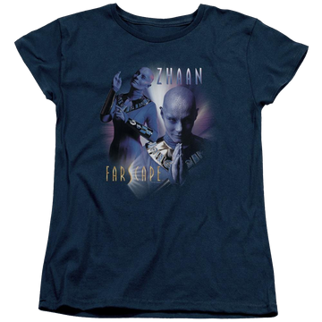 Navy women's t-shirt with Farscape Zhaan graphic