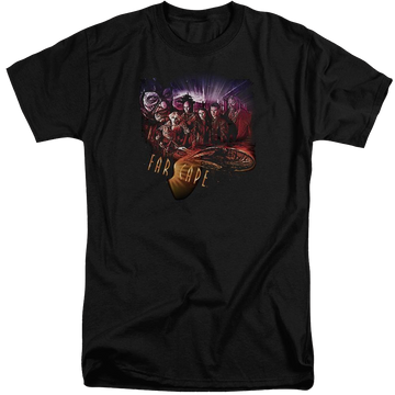 Black men's tall fit t-shirt with Farscape Graphic Collage graphic