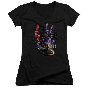 Black juniors v-neck t-shirt with Farscape Criminally Epic graphic