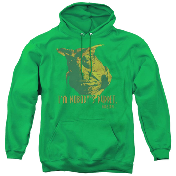 Kelly green pullover hoodie with Farscape Nobodys Puppet graphic
