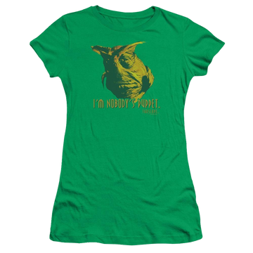 Kelly green juniors t-shirt with Farscape Nobodys Puppet graphic