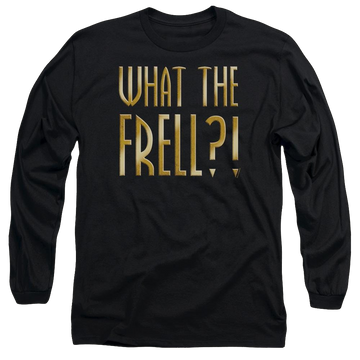 Black men's long sleeve t-shirt with Farscape What The Frell graphic