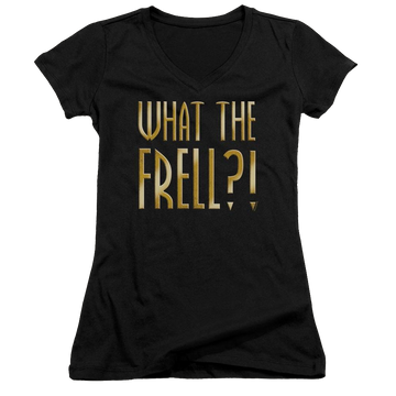 Black juniors v-neck t-shirt with Farscape What The Frell graphic