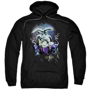 Black pullover hoodie with Farscape Rygel Smoking Guns graphic