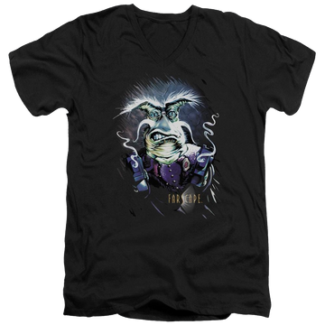 Black men's v-neck t-shirt with Farscape Rygel Smoking Guns graphic