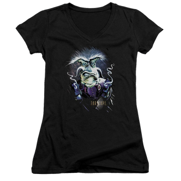 Black juniors v-neck t-shirt with Farscape Rygel Smoking Guns graphic