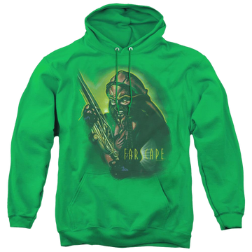 Kelly green pullover hoodie with Farscape Dargo Warrior graphic