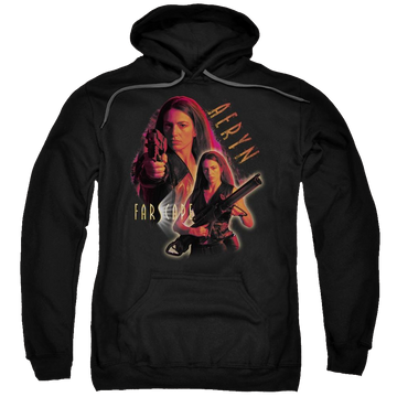Black pullover hoodie with Farscape Aeryn graphic