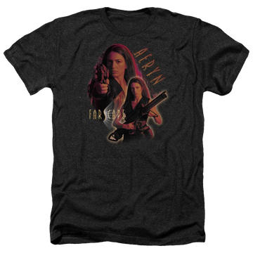 Charcoal men's heather t-shirt with Farscape Aeryn graphic