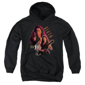 Black youth hoodie for ages 8 to 12 with Farscape Aeryn graphic