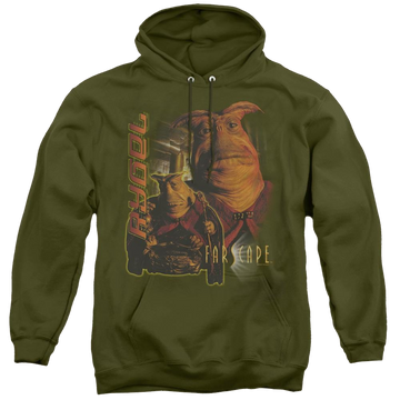 Military green pullover hoodie with Farscape Rygel graphic