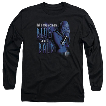 Black men's long sleeve t-shirt with Farscape Blue And Bald graphic