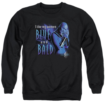 Black men's crewneck sweatshirt with Farscape Blue And Bald graphic