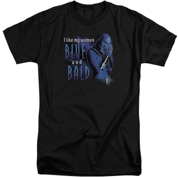 Black men's tall fit t-shirt with Farscape Blue And Bald graphic