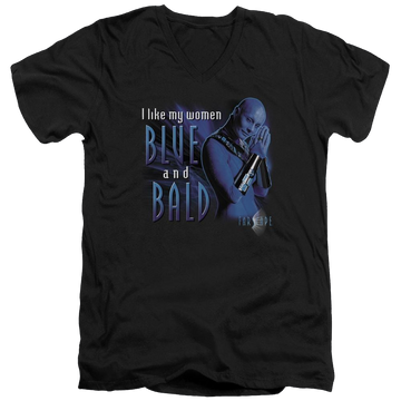 Black men's v-neck t-shirt with Farscape Blue And Bald graphic