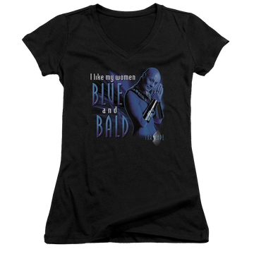 Black juniors v-neck t-shirt with Farscape Blue And Bald graphic