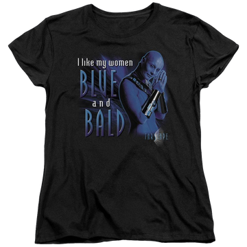 Black women's t-shirt with Farscape Blue And Bald graphic