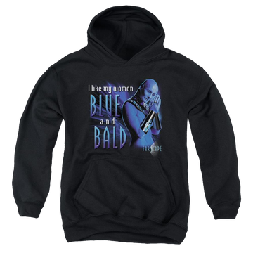 Black youth hoodie for ages 8 to 12 with Farscape Blue And Bald graphic