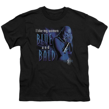 Black youth t-shirt for ages 8 to 12 with Farscape Blue And Bald graphic