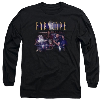 Black men's long sleeve t-shirt with Farscape Flarescape graphic