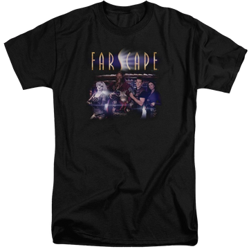 Black men's tall fit t-shirt with Farscape Flarescape graphic