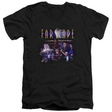 Black men's v-neck t-shirt with Farscape Flarescape graphic