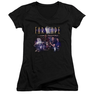 Black juniors v-neck t-shirt with Farscape Flarescape graphic